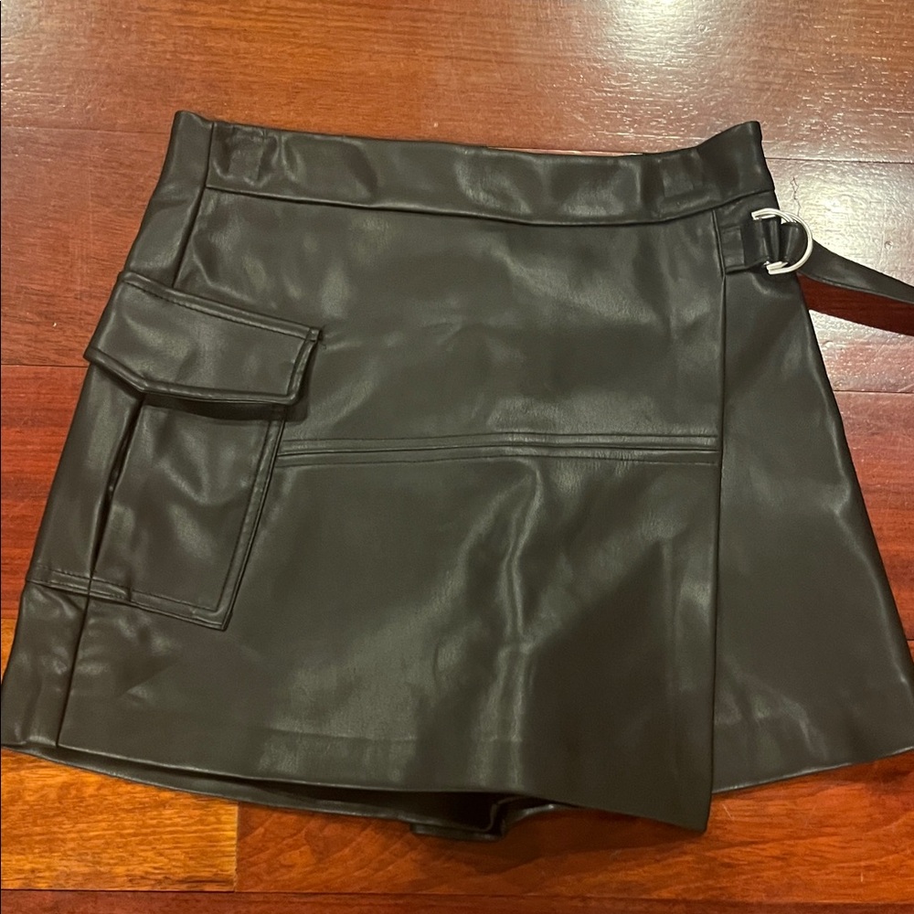 Black Faux Leather Mini Skirt with Pocket